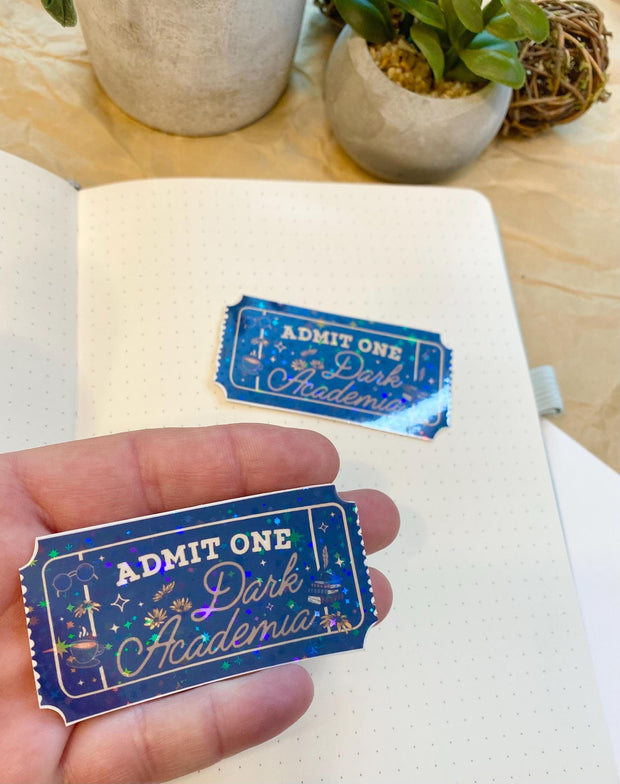 Cozy dark academia holographic die cut sticker, waterproof vinyl