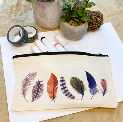 Feather canvas, zipper pouch,option to customize and add personalization