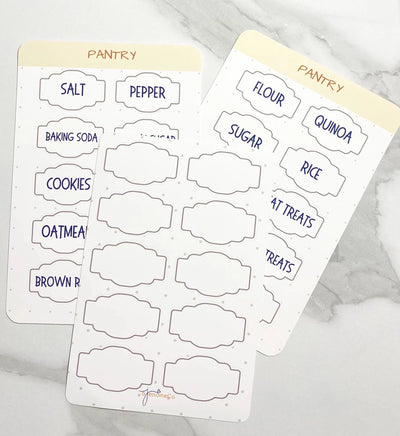 Set of three classic design pantry labels, includes blank labels to customize, durable vinyl, can be personalized