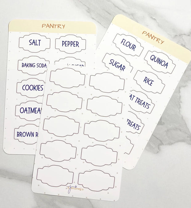 Set of three classic design pantry labels, includes blank labels to customize, durable vinyl, can be personalized