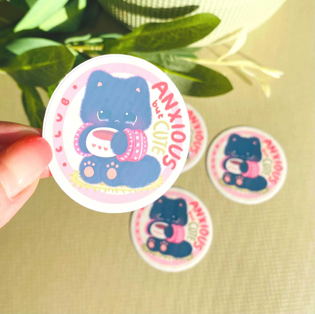 Anxious Black Cat Mental Health Die-cut Sticker 
