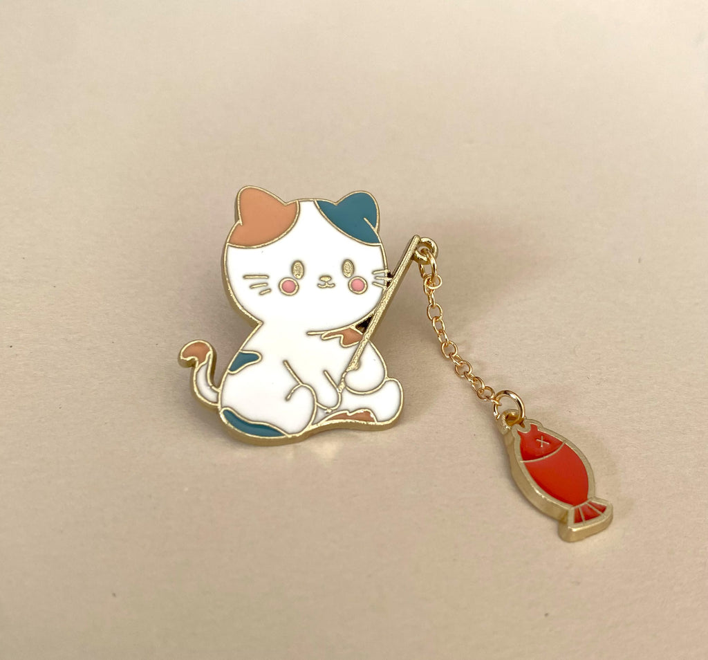 Cat Fishing Enamel Pin - Purse Charm Accessory