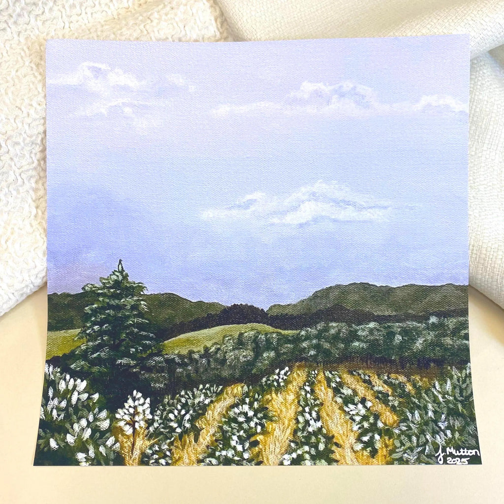 Spanish Landscape Art featuring a eucalyptus field with greenery and blue skies, an enchanting art print.