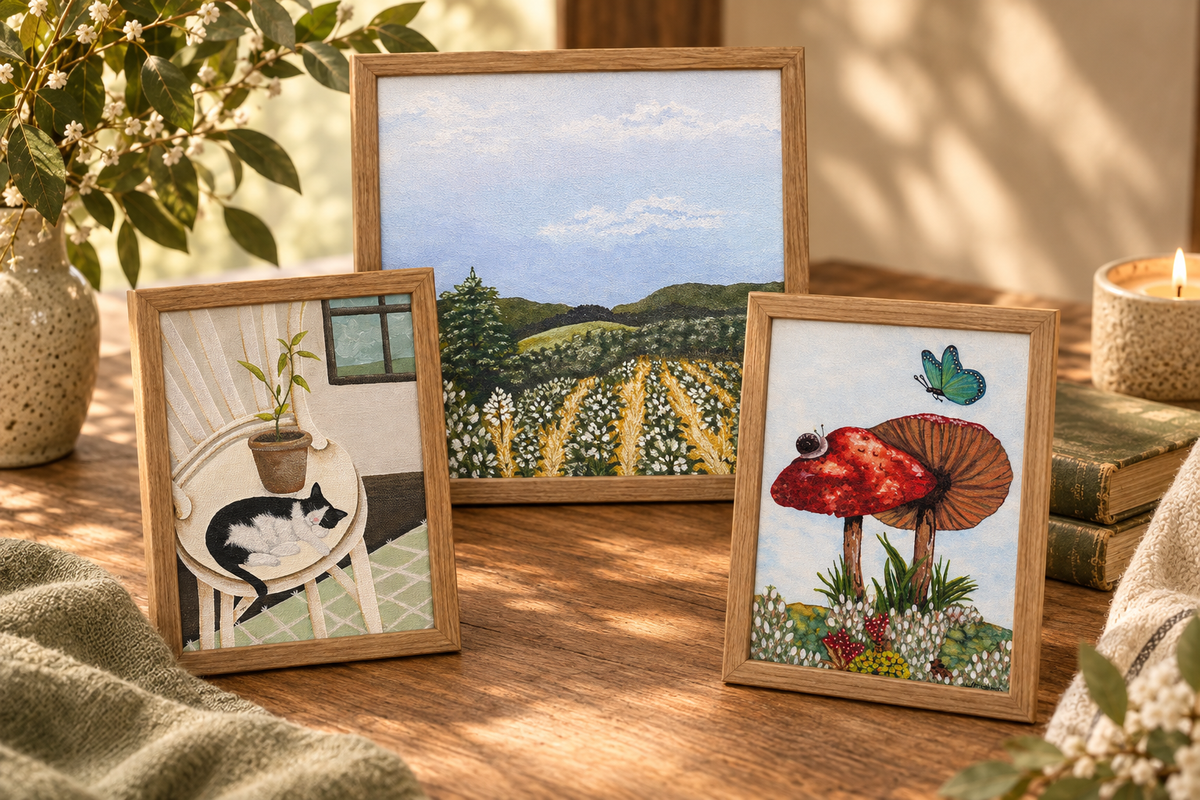 Warm art display using your landscape, cozy cat, and mushroom artwork